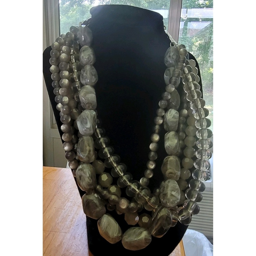 Gray Multi Strand Beaded Statement Necklace Silver Tone 16 Inch No Marks